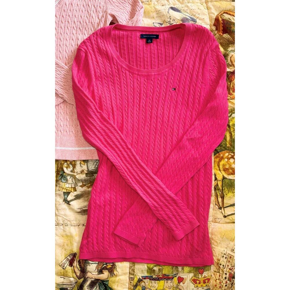Lot of 3 Tommy Hilfiger Womens Cable Knit Sweaters Small Pink Blue Crew V-neck - Picture 4 of 13